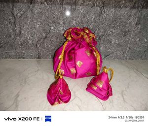 Fuchsia Potli Bag with Gold Print