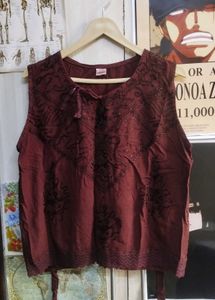 Maroon Embroidered Sleeveless Kurta Top
