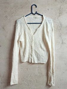 Cream Ribbed Knit Button-Up Cardigan