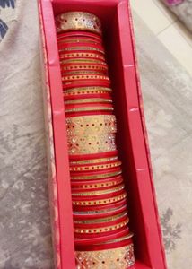 (Punjabi chura)Elegant Red &amp; Gold Bangles Set