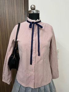 Chic Pink Bow Neck Long Sleeve Blouse