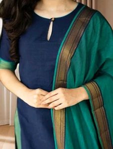 Elegant Navy Blue Kurta Set with Green Dupatta