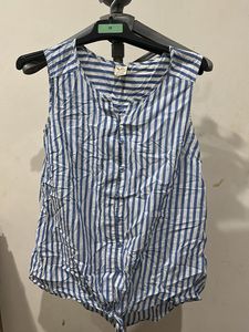 Blue Striped Sleeveless Tie-Front Top