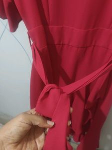 Elegant Red Ruffle Sleeve Wrap Dress