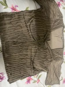 Brown Ribbed Tie-Front Crop Top