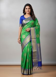 Vibrant Green & Blue Silk Saree New with Tag.
