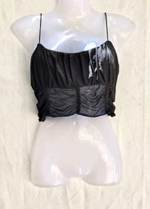 23286. Black Mesh Ruched Crop Top