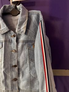 New Women's Denim Jacket with Striped Sleeves