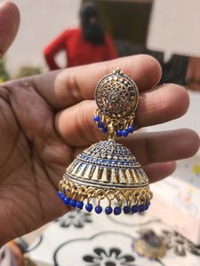 Blue &amp; Gold Jhumka Earrings