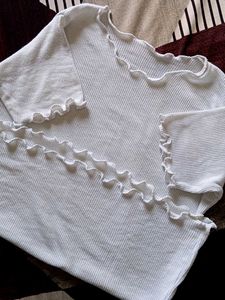 White Ribbed Ruffle Trim Tee