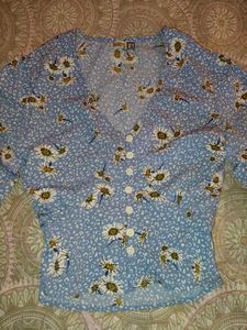 Blue Floral Button-Up Blouse