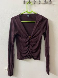 Deep V-Neck Ruched Long Sleeve Top