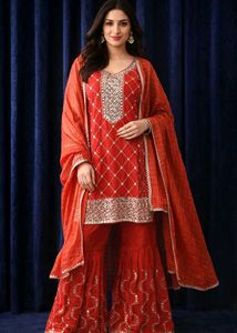 Elegant Red Embroidered Gharara Suit