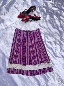 Purple Striped Midi Skirt with Lace Trim