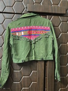 Zara Embroidered Green Cropped Jacket