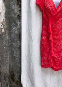 I. Red Lace Ruffle V-Neck Dress