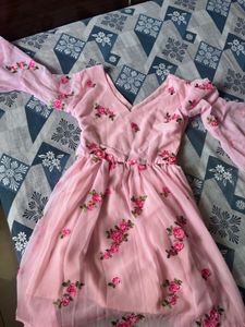 pink pretty flowers embroidered frok