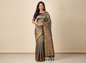 Elegant Grey & Gold Banarasi Silk Saree