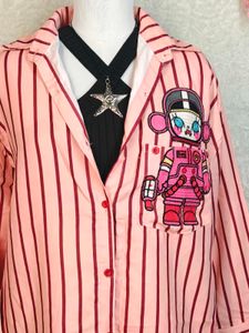 Pink Striped Cartoon Astronaut Shirt