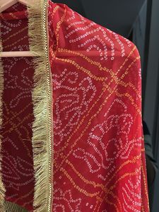 Red Bandhani Dupatta with Gold Border