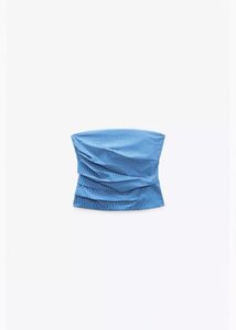 Blue Striped Ruched Strapless Top