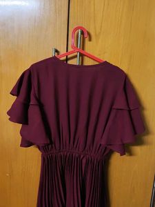 Maroon Pleated Ruffle Sleeve Dress