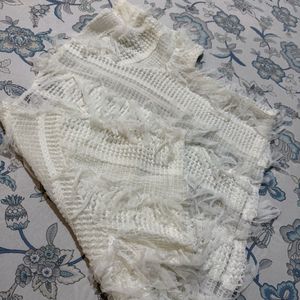 Zara White Textured Tunic with Fringe Detail