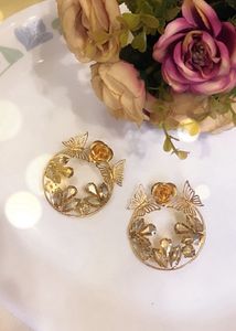 Gold Tone Butterfly & Rose Hoop Earrings