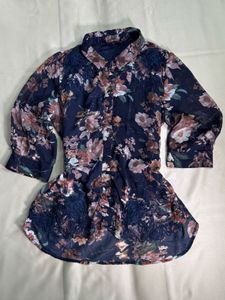 Navy Floral Print Sheer Blouse