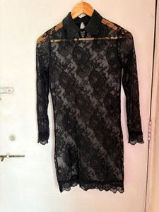 Elegant Sheer Black Lace Collared Dress