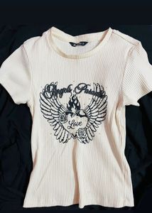Cream Ribbed Graphic T-Shirt