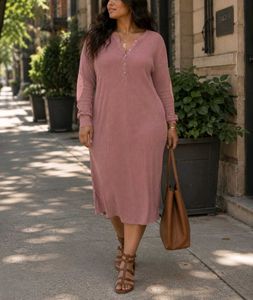 Comfortable Long Sleeve Peach Midi-Dress