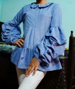 Blue Gingham Ruffle Sleeve Top