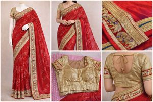 Red Bandhani Designer Saree with Gold Blouse