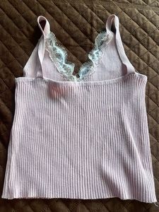 Pink Ribbed Cami with Lace Trim