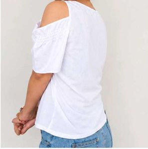 White Cold Shoulder Top with Plant Embroidery