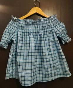 Blue Plaid Off-Shoulder Top