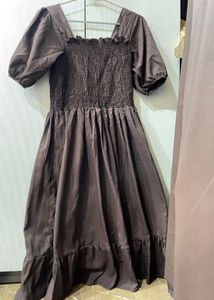 Brown Square Neck Puff Sleeve Smocked Dress