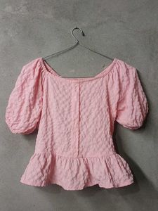 Pink Puff Sleeve Peplum Top