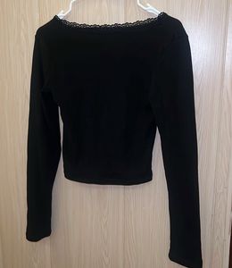 Black Lace Trim Long Sleeve Top