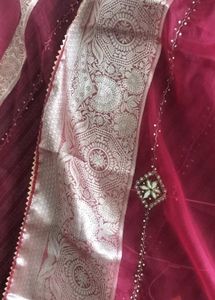 Magenta Soft Organza Handwork Saree with Zari Bord