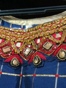 Elegant Blue Kurta with Golden Grid