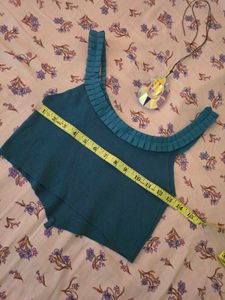 Teal Ribbed Crop Top with Ruffle Trim