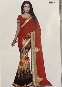 Orange Multicolour Chiffon Saree With blouse Piece