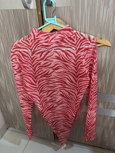 Sheer Zebra Print Mock Neck Bodysuit