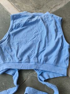 Blue Ribbed Cut-Out Crop Top
