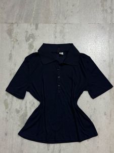 H&amp;M Navy Ribbed Cropped Polo Shirt
