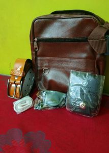 Men's Brown Leather Bag & Accessories Set