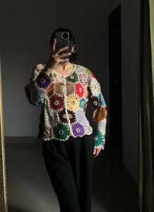 Multicoloured Floral Hand-Knit Crochet Cardigan