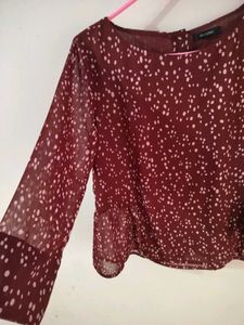 Quiero Maroon Ditsy Print Sheer peplum Top